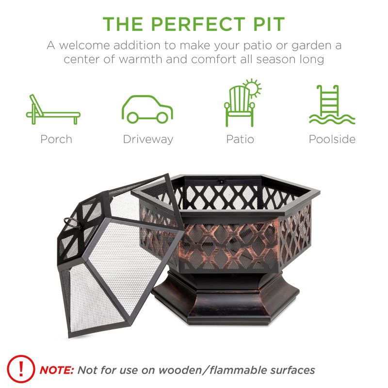 Best Choice Products 24in Hex-Shaped Steel Fire Pit for Garden, Backyard, Poolside w/ Flame-Retardant Mesh Lid