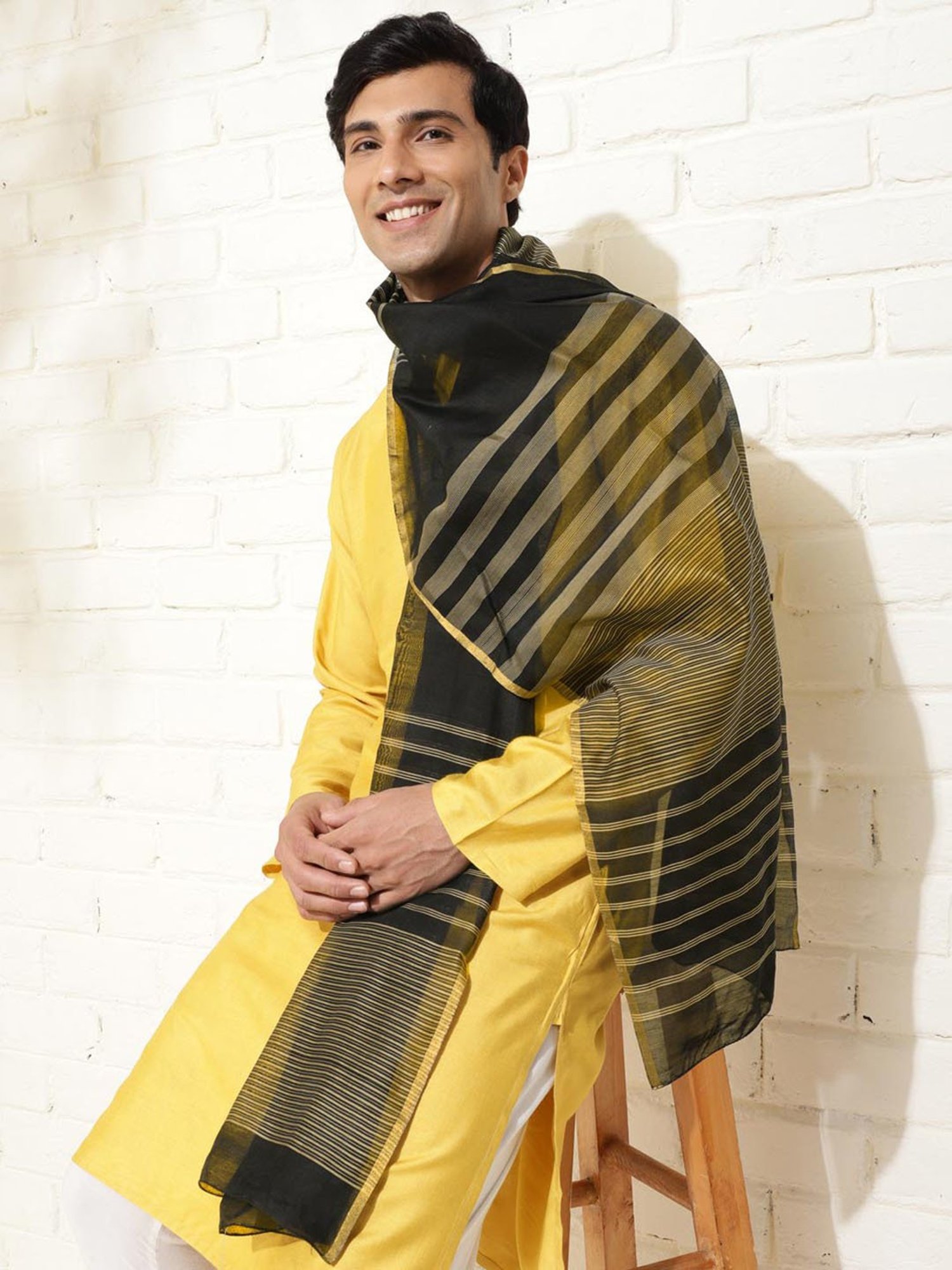 Fabindia Black Cotton Silk Blend Woven Stole