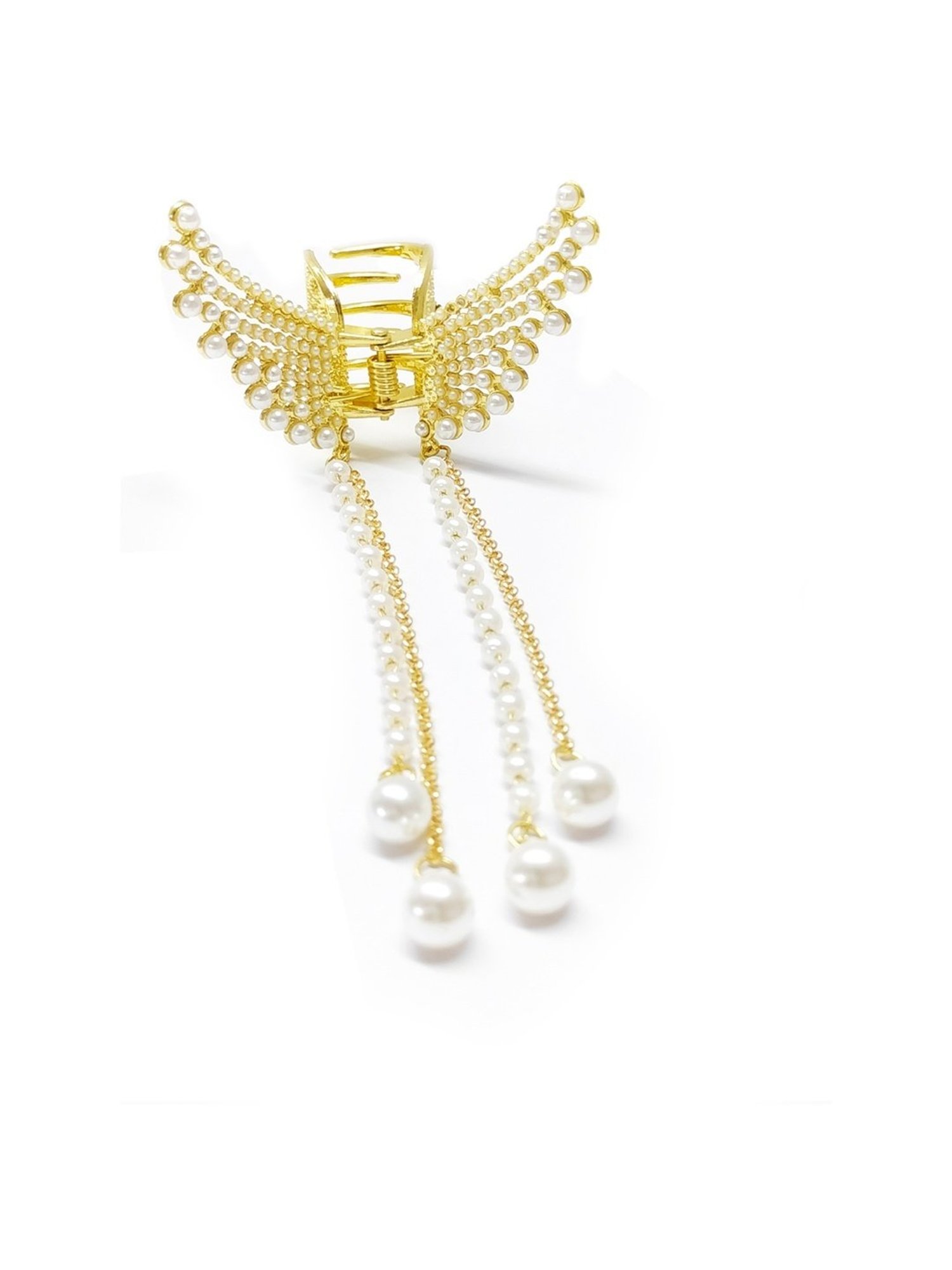 OOMPH White Pearls Angel Wings & Tassel Hair Claw