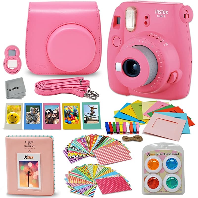 Instax Mini 9 Instant Fuji Camera Flamingo Pink + Accessories Bundle + Custom Matching Case wNeck Strap + Photo Album + Assorted Frames + 4 Color Filters + 60 Sticker Frames + More