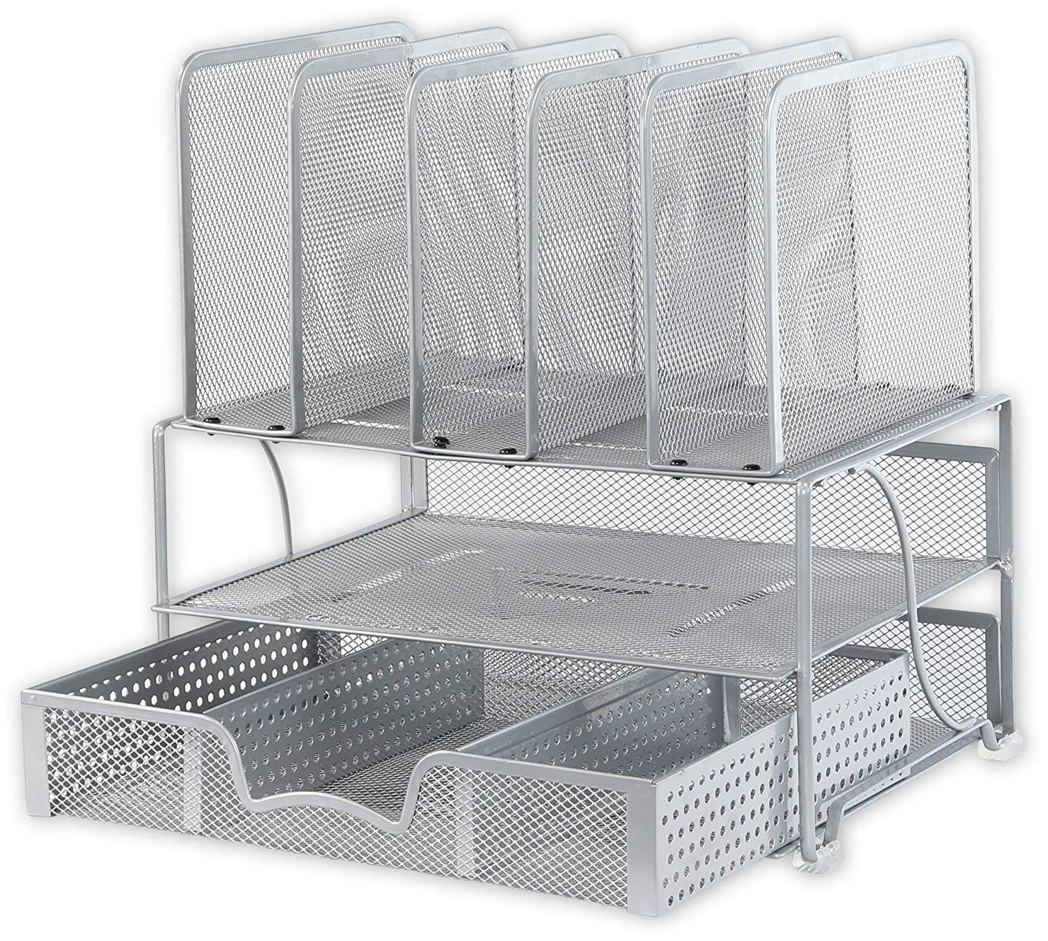 SimpleHouseware Mesh Desk Organizer with Sliding Drawer, Double Tray and 5 Upright Sections, Silver