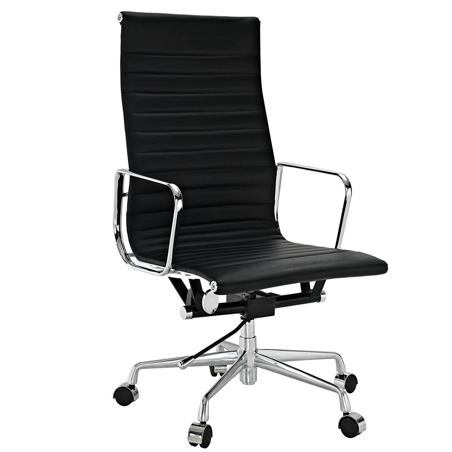 eMod Eames Molded Seat Office Chair in PU Leather with Swivel, Chromed Steel Frame, Polished Aluminum Arms and Base, Tilt Lock Lever and Tension Knob, Ribbed High Back for Tall People - BLACK COLOR