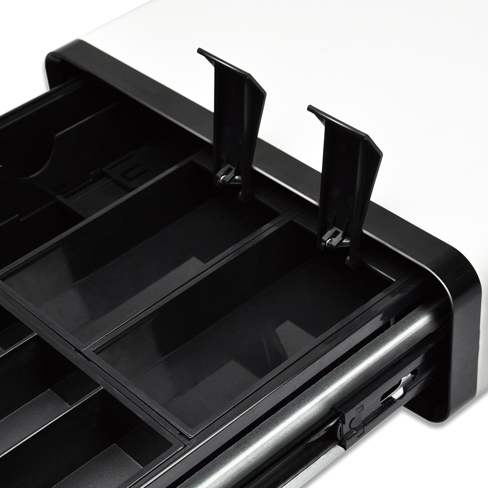 Beelta Mini Cash Register Drawer 13&rdquo; for Point of Sale (POS) System with Fully Removable Cash Tray, 5 Bill slots / 5 Coin slots, 24V, RJ11/RJ12 Key-Lock, Media Slot, SPCC, White