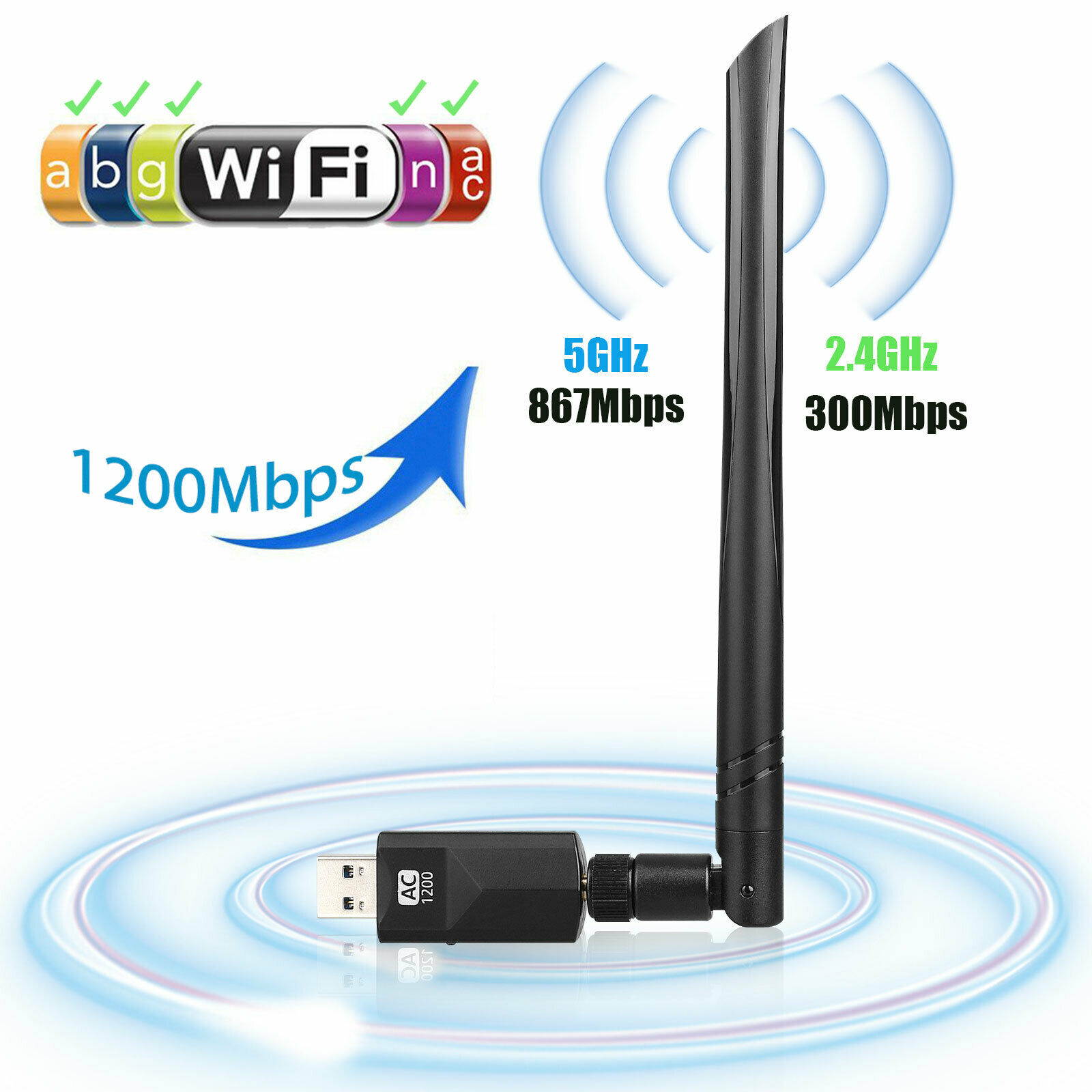 1200Mbps Dual Band Wireless USB 3.0 WiFi Adapter Network LAN w/Antenna 802.11AC
