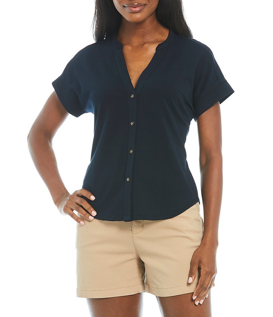 Alex Marie Lauren French Terry Knit V-Neck Button Front Short Sleeve Top
