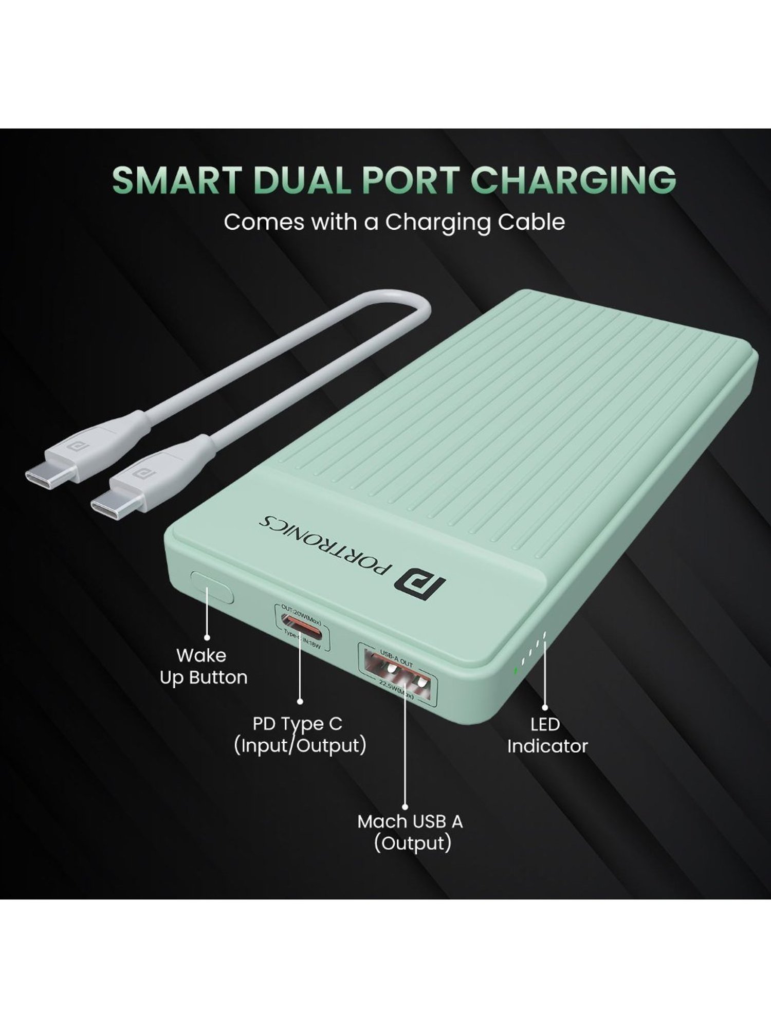 Portronics Luxcell B 10000mAh Power Bank 22.5W with Fast Charging & Mach USB A Output (Green)