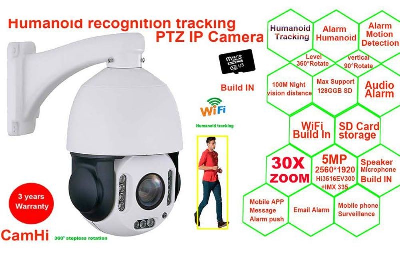 Outdoor Wireless 5MP 30X Zoom Security Camera 4MP humanoid Auto Tracking SONY IMX335 PTZ Speed Dome Super HD IP Camera, Motion Detection Alarm, IP66 Waterproof  build MIC Speaker 128GB SD CARD