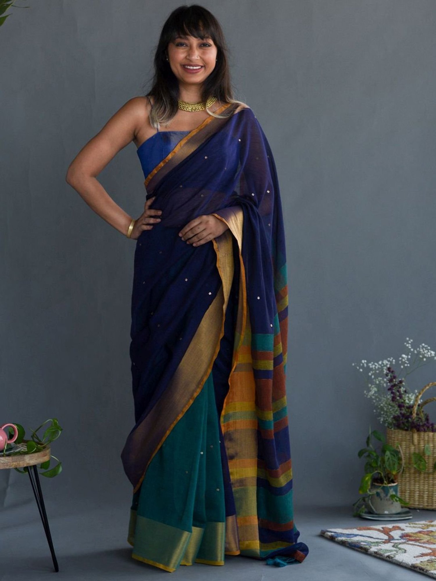 Suta Navy Cotton Embellished Saree Without Blouse