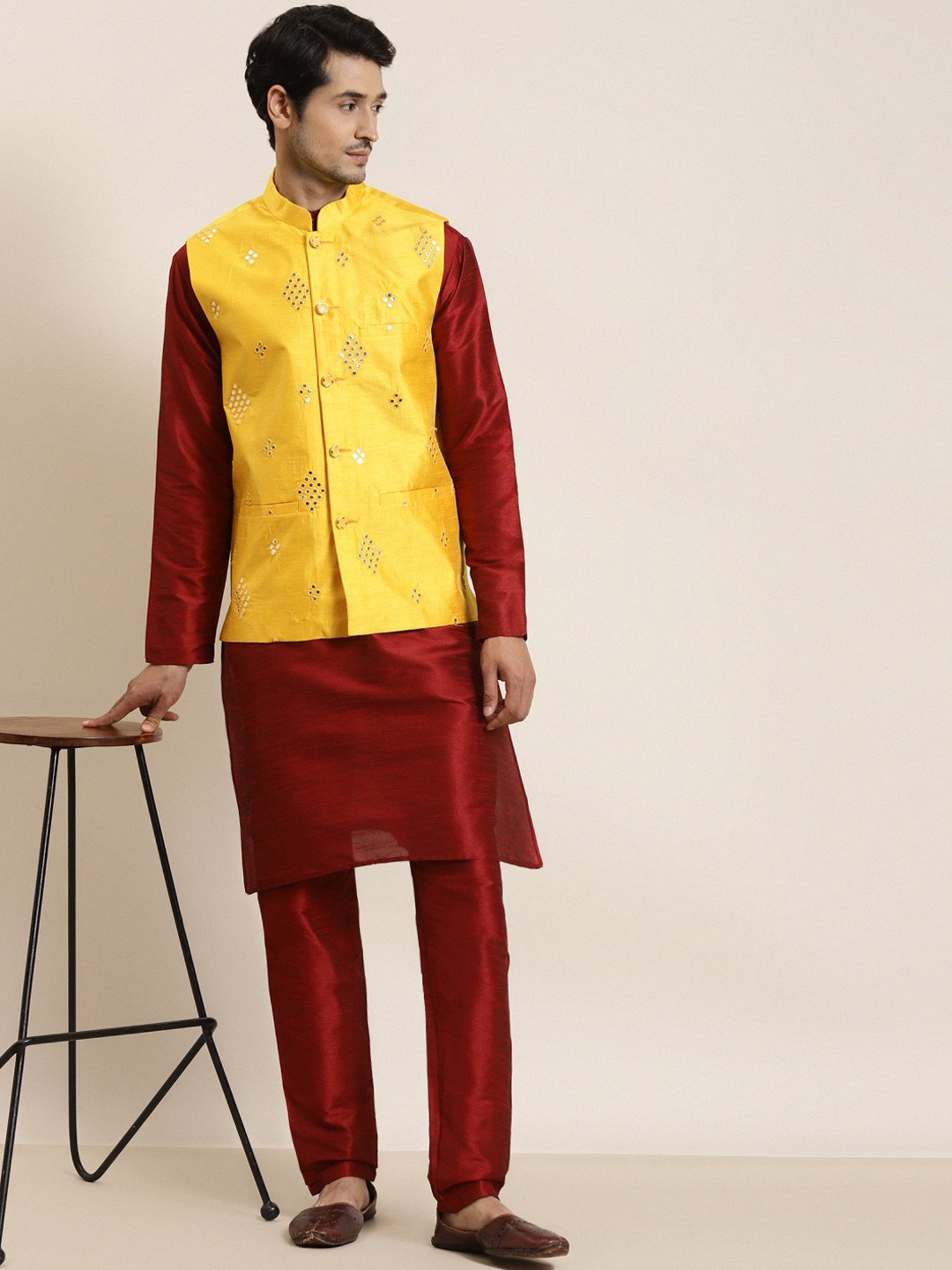 Sojanya Yellow Regular Fit Self Pattern Nehru Jacket