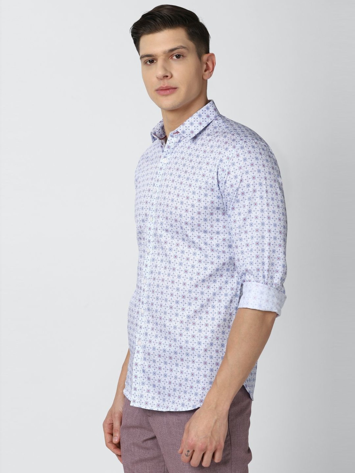 V Dot Blue Cotton Slim Fit Printed Shirt