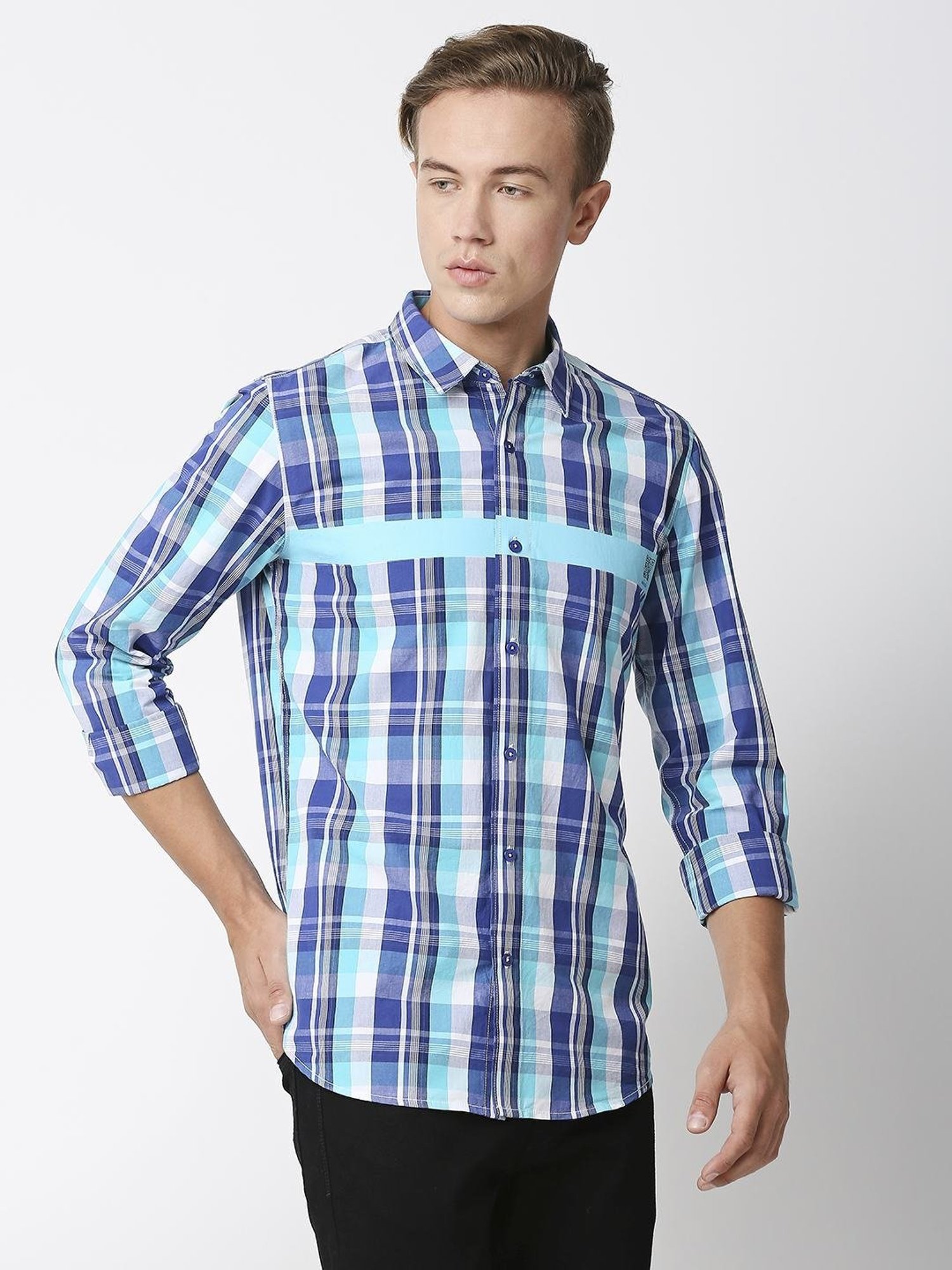 SOLEMIO Navy Cotton Slim Fit Checks Shirt
