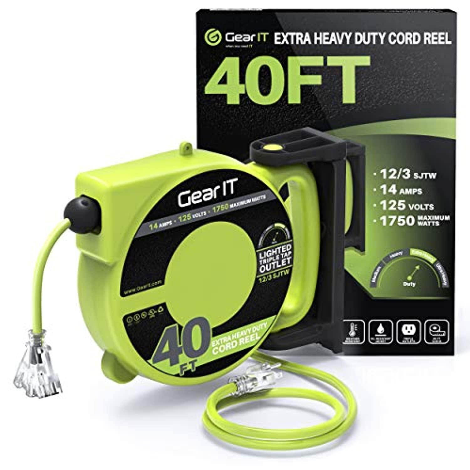 gearit 40-feet 12-awg 14-amps retractable extension cord reel with ceiling mount, 3 outlets, led power indicator, 180 degrees, ul listed for garage, workshop, workroom, tooling sho