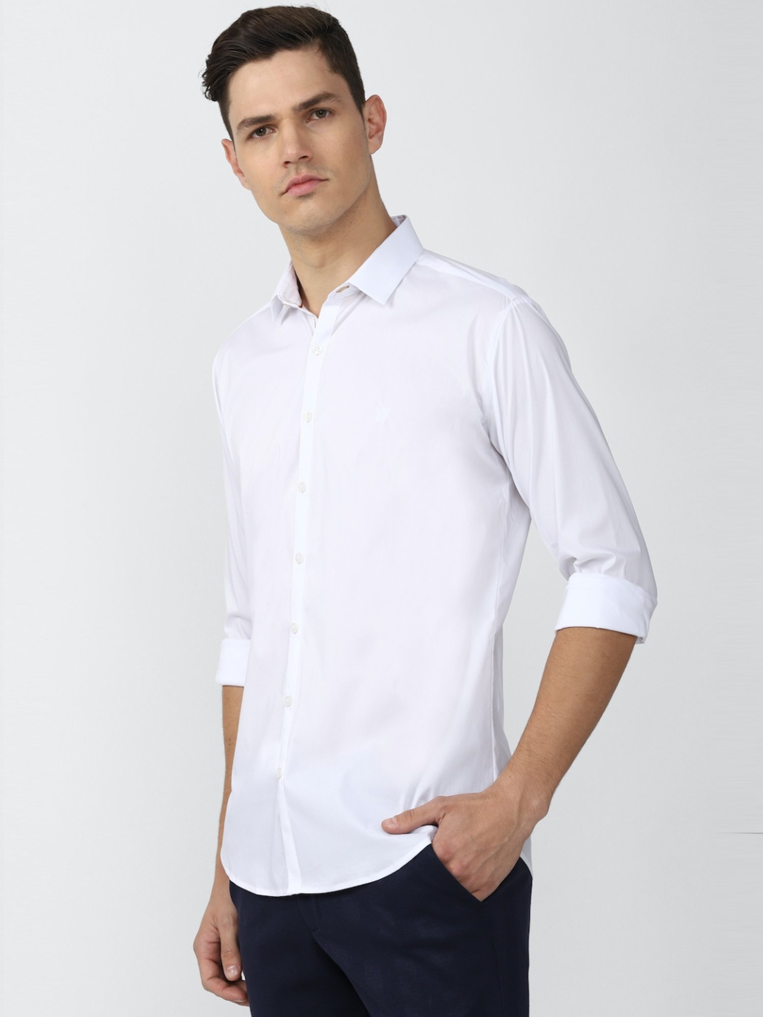 V Dot White Cotton Skinny Fit Shirt