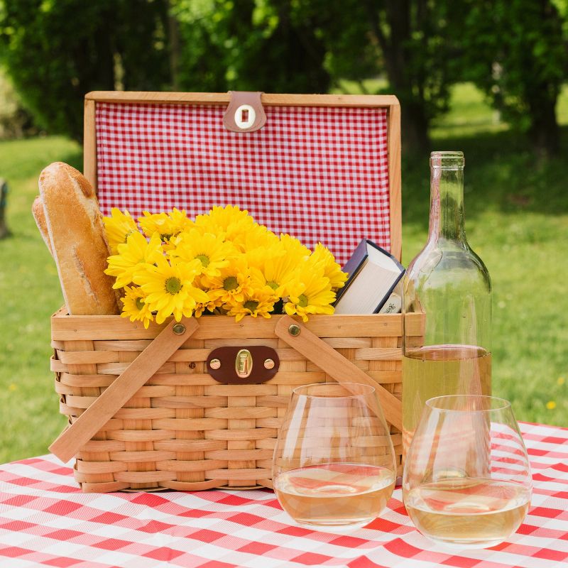 Vintiquewise Gingham Lined Woodchip Picnic Basket With Lid and Movable Handles