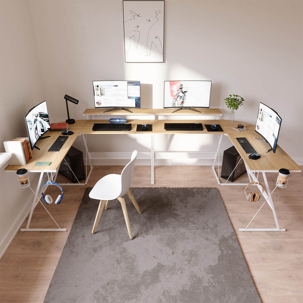 Bestier 55.2" Gaming Desk Racing Style PC Computer Desk L-Shaped Desk Corner Home Office Table with Ergonomic Monitor Stand & RGB Strip Light & Multifunctional Hook (Black Carbon Fiber)