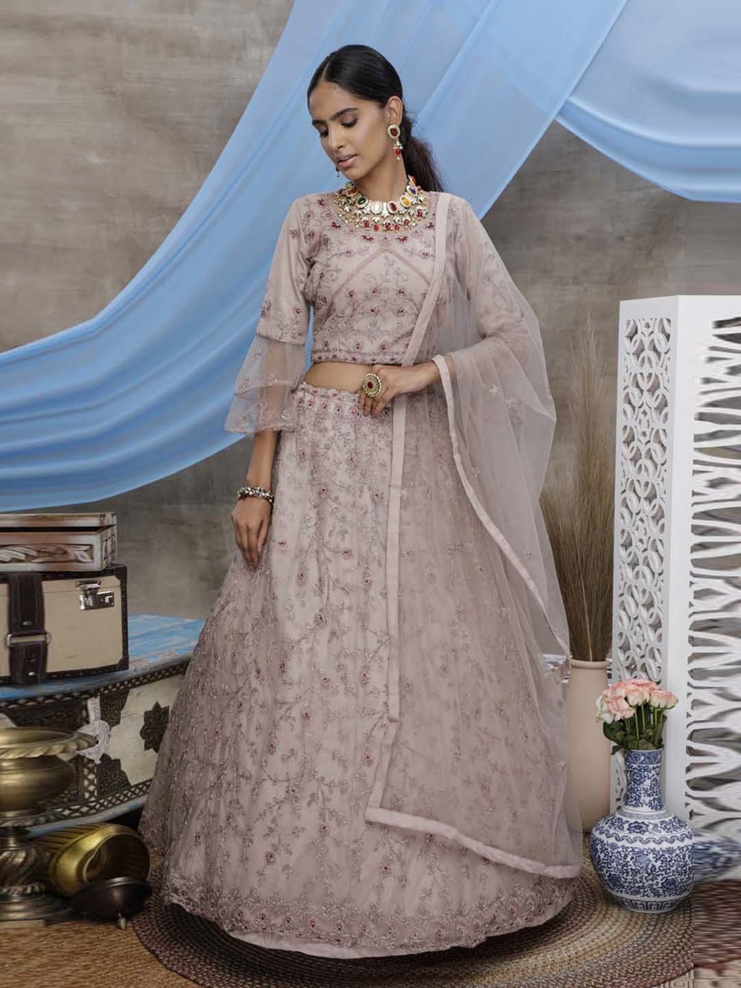 SHUBHKALA Dusty Purple Embroidered Lehenga Choli Set With Dupatta