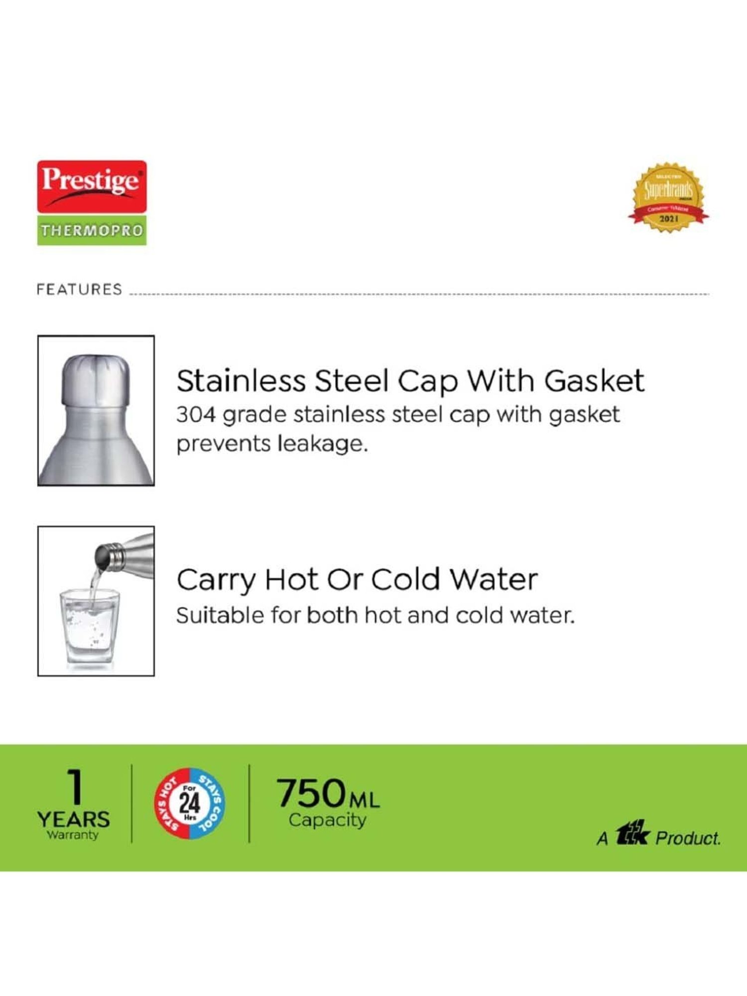 Prestige Silver Stainless Steel Double Wall Insulated Water Bottle (0.75 L) - Set of 1