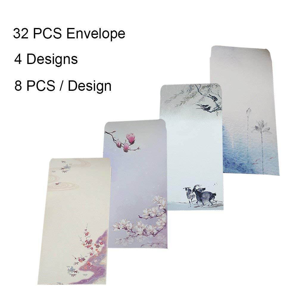 Letter Writing Stationery Paper and Envelopes Set, Ink Painting Design Assorted Color (32 Pcs Stationery Paper + 32 Pcs Envelopes)
