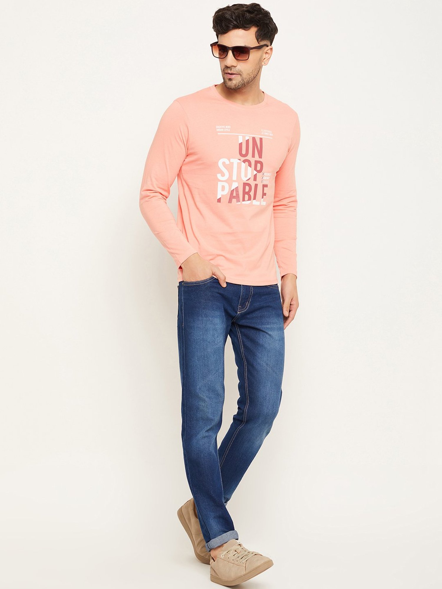 Club York Peach Regular Fit Printed Crew T-Shirt