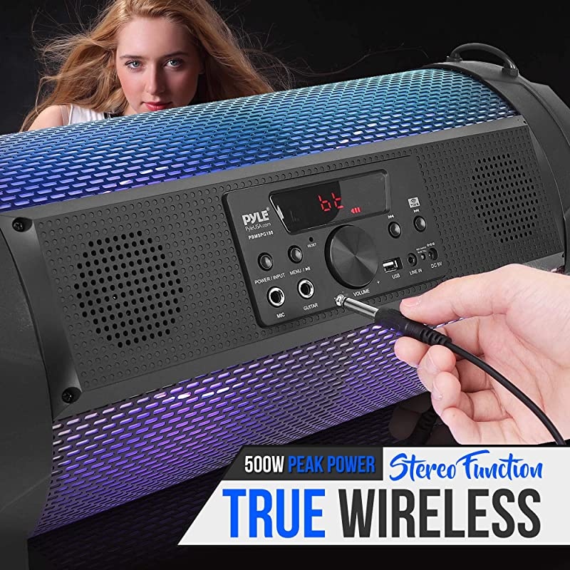 Wireless Portable Bluetooth Boombox Speaker 500W 21Ch Rechargeable Boom Box Speaker Portable Barrel Loud Stereo System with Flashing LED Digital LCD Display AUX USB 14quot Mic IN  PBMSPG180