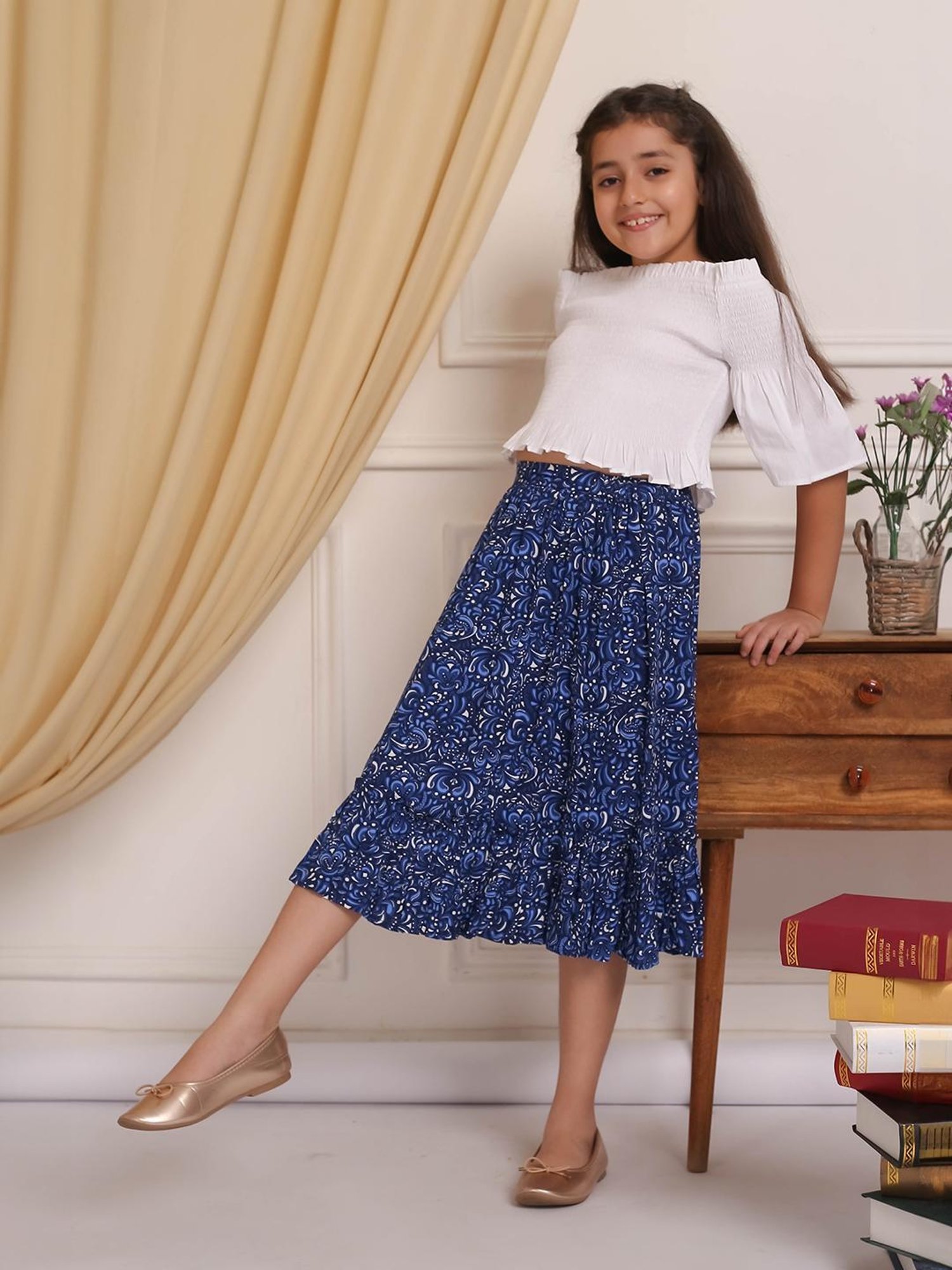 Budding Bees Girls White & Blue Printed Top with Skirt