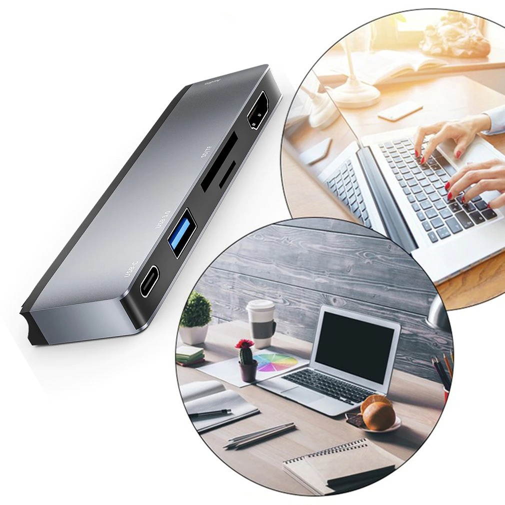 Dock Station Dual HDMI-compatible 6 in 1 Dual Monitor USB C Adapter Portable Plug for Macbook Pro Type C Docking Converter