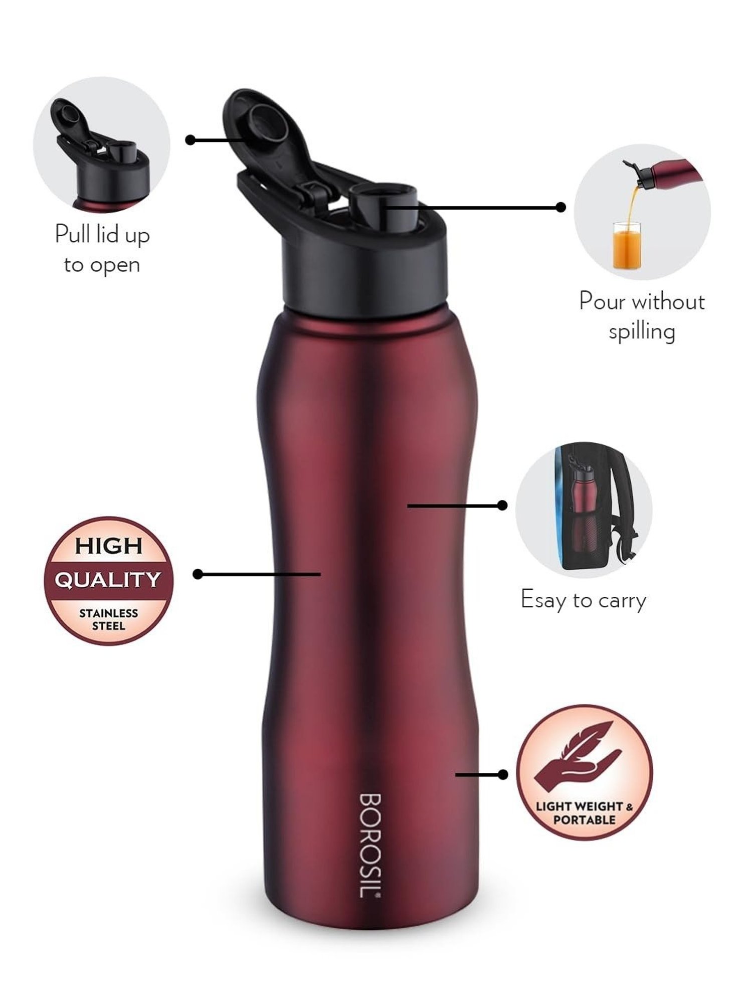 Borosil Water Bottle with Single Wall & Leakproof Set of 4 (Maroon, 1000 ml)