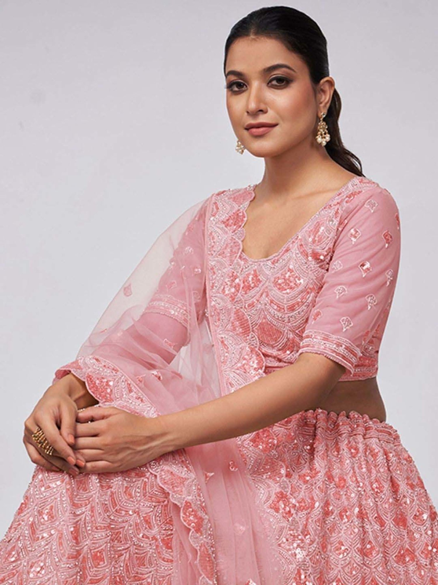 Odette Pink Embellished Semi-Stitched Lehenga Choli Set with Dupatta