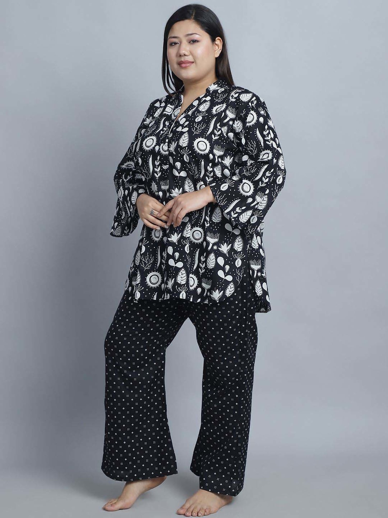 TAG 7 Black Cotton Printed Top Pyjamas Set