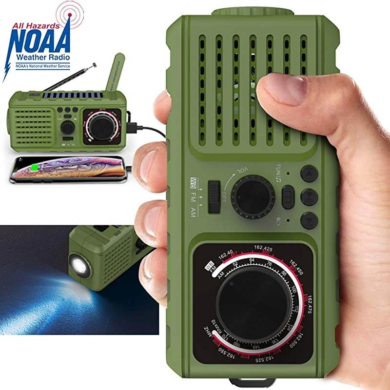 Radio - NOAA Weather Portable Radio with AM/FM 2200mAh Power Bank USB Charger LED Flashlights Solar Hand Crank and SOS Alarm &ndash; Survival Disaster Kit for Camping Hurricane Supplies - Green