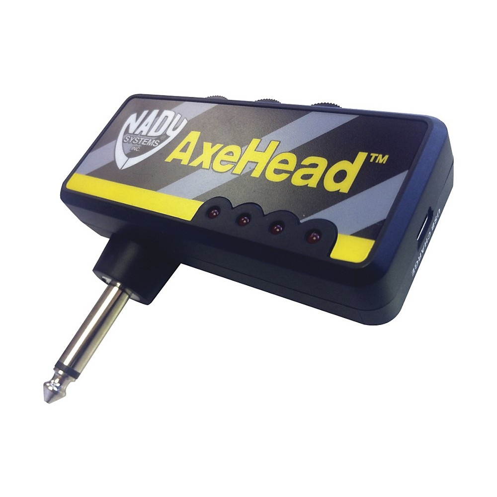 Nady AxeHead Miniature Headphone Guitar Amplifier _ Built-in amp simulation with gain, tone and volume controls _ includes headphones splitter, 3.5mm audio cable, and USB charging cable