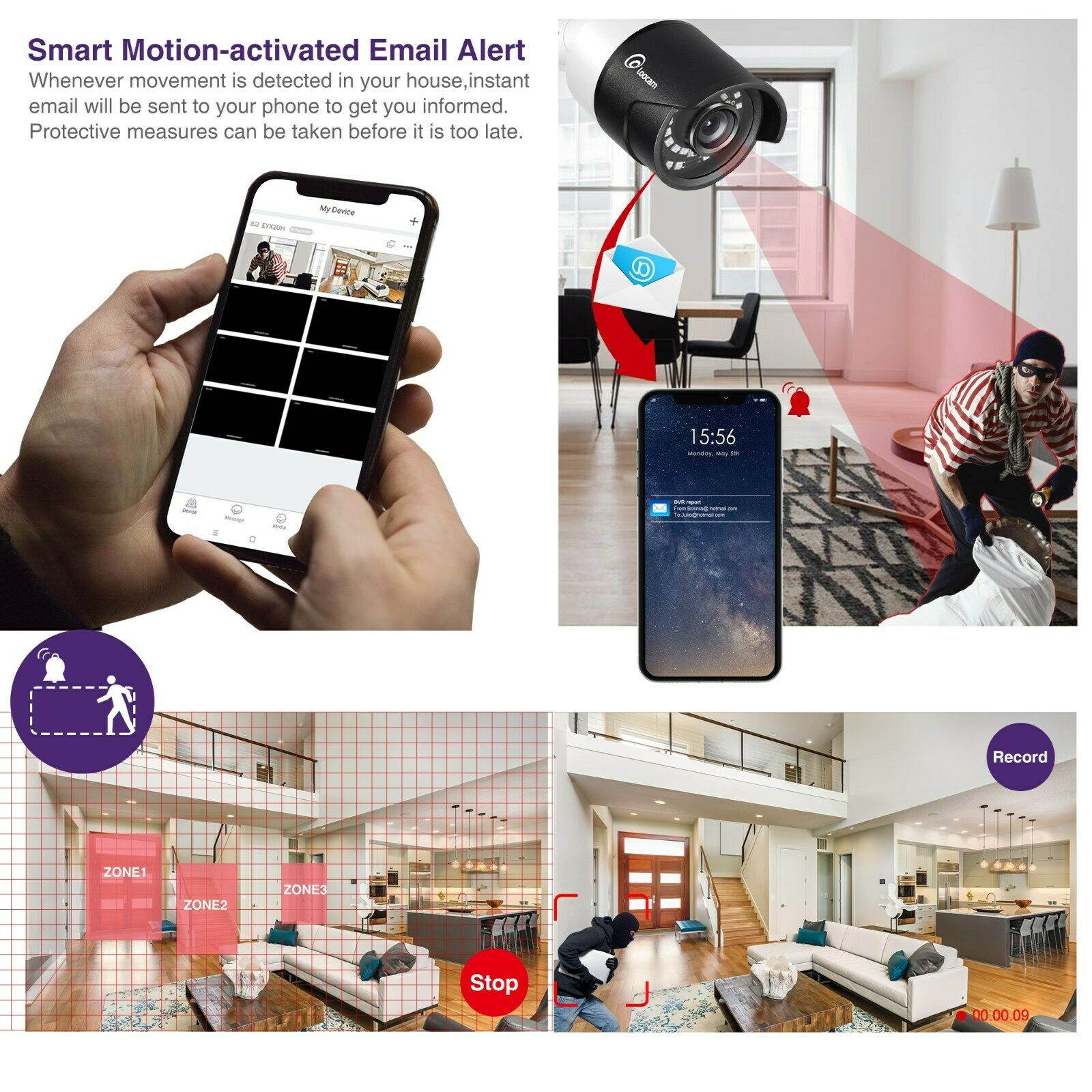 Loocam FHD 1080p Security Camera System, 8 Channel Surveillance DVR w/2TB HDD, 6 x 2MP 1920TVL IP67 Weatherproof Outdoor CCTV Camera, Automatic 150ft Night Vision, Free Andriod and iOS Loocam APP