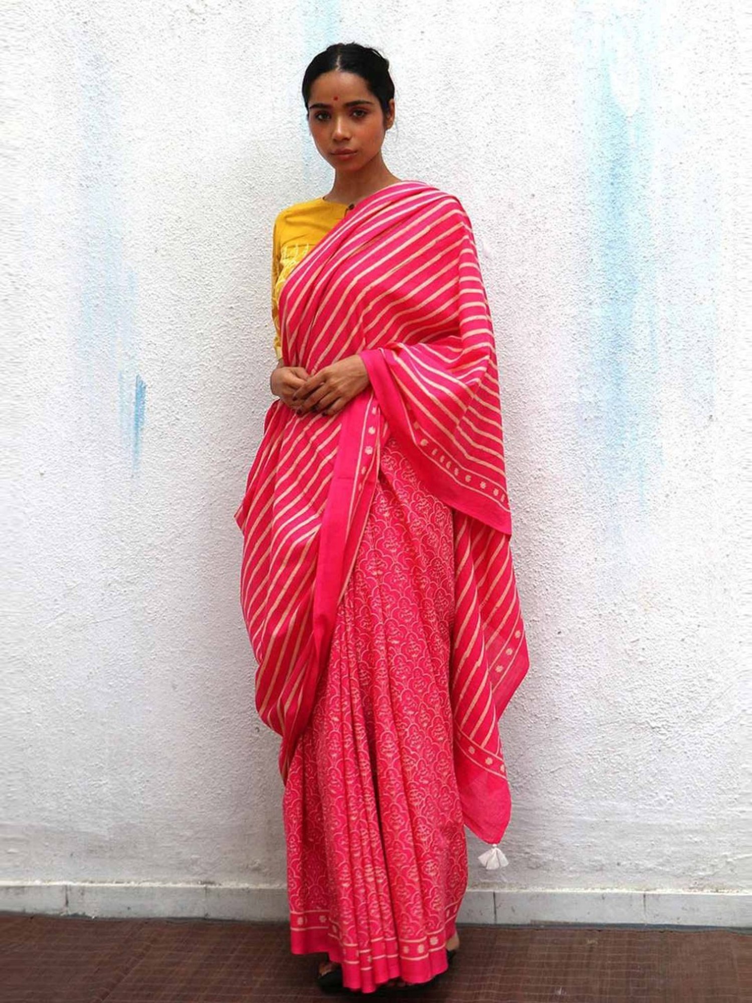 Chidiyaa Pink Paakhi Firelight Handprinted Cotton Sarees
