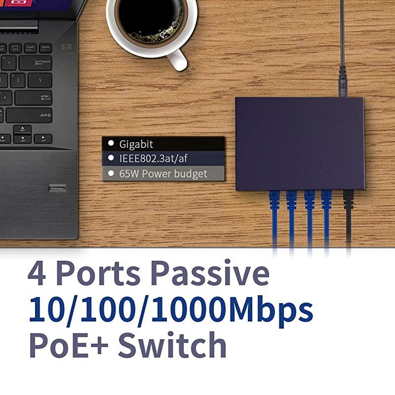 5 Port Gigabit PoE+ Switch 4 Port PoE 65W 8023ataf Compliant Desktop Sturdy Metal Fanless PlugandPlay Smart Power Management GHC5004P