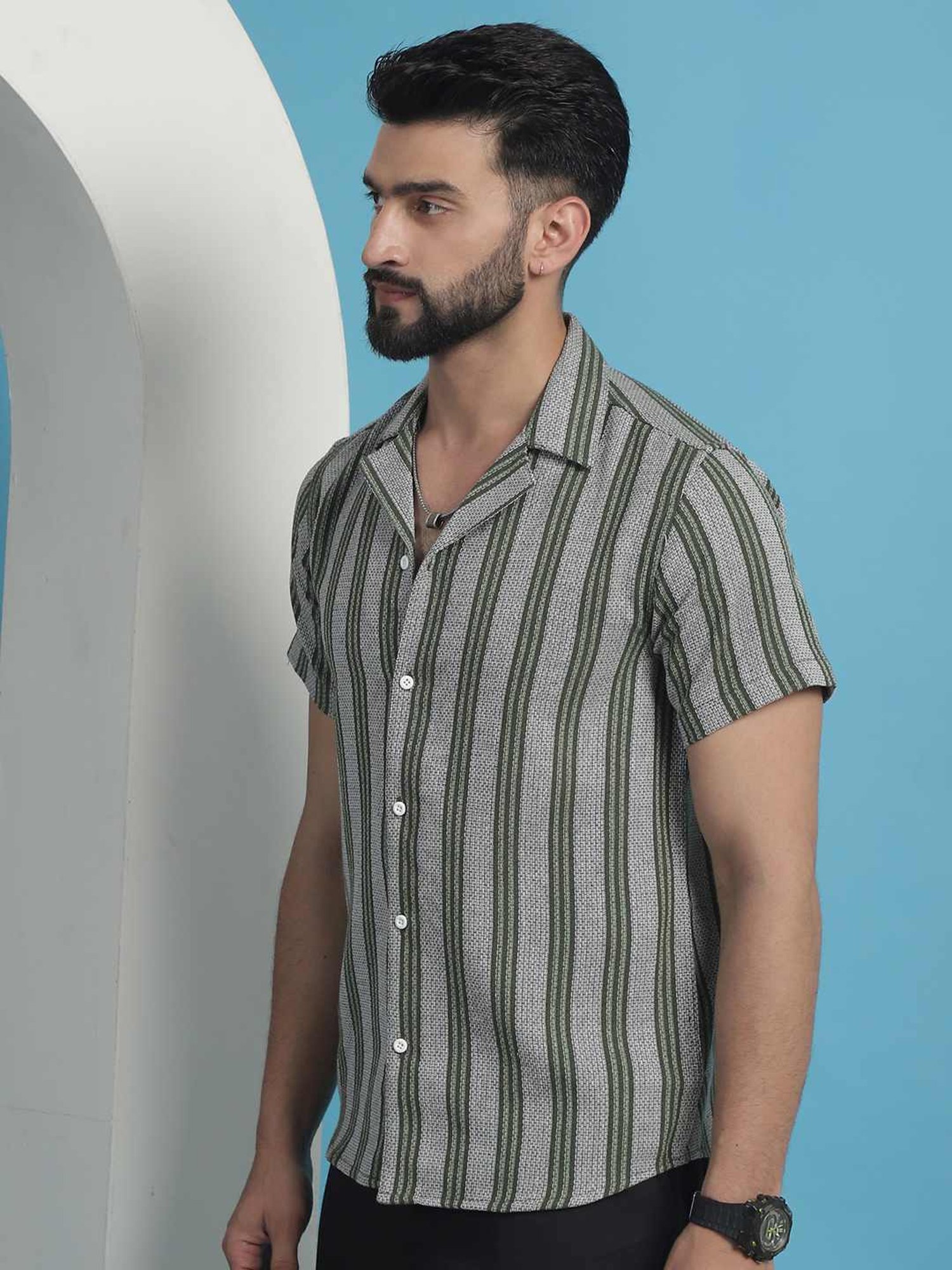 Indian Needle Olive Cotton Regular Fit Striped Shirt