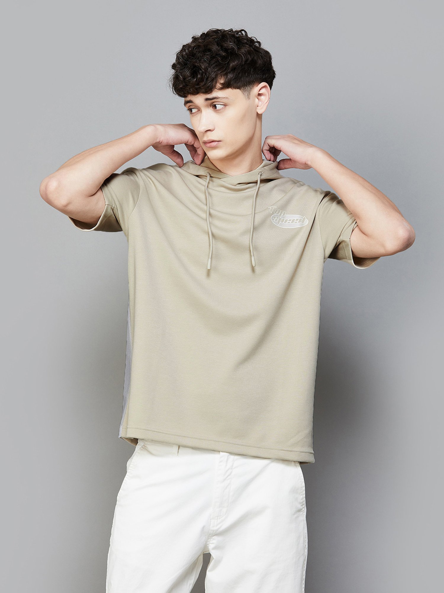 BOSSINI Beige Regular Fit Printed Hooded T-Shirt