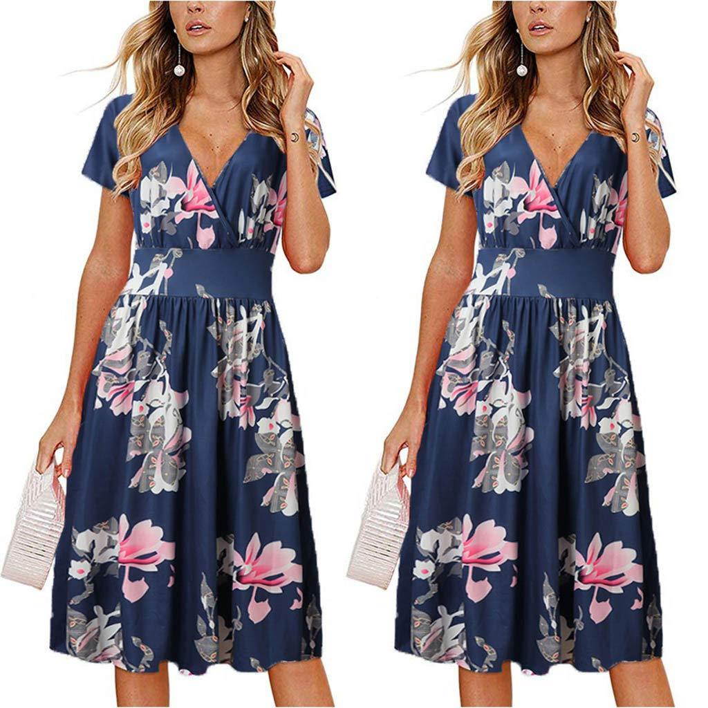 ?HebeTop? Women's Floral Maxi Dresses Boho V Neck Split Beach Party Dress
