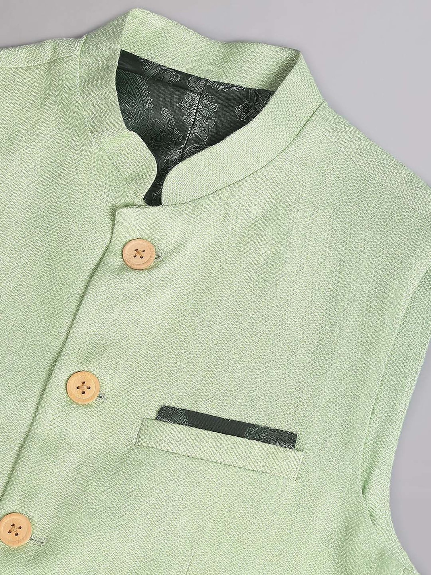 AD by Arvind Green Mandarin Collar Self Design Nehru Jacket