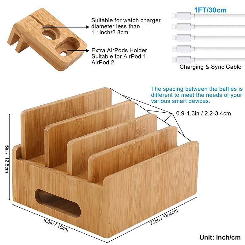 Bamboo Charging Stations for Multiple Devices, Upgrade Desk Docking Station Organizer for Cell Phones, Tablet, AirPods, iWatch Stand (Includes 5 Cables BUT NO Power Supply Charger)