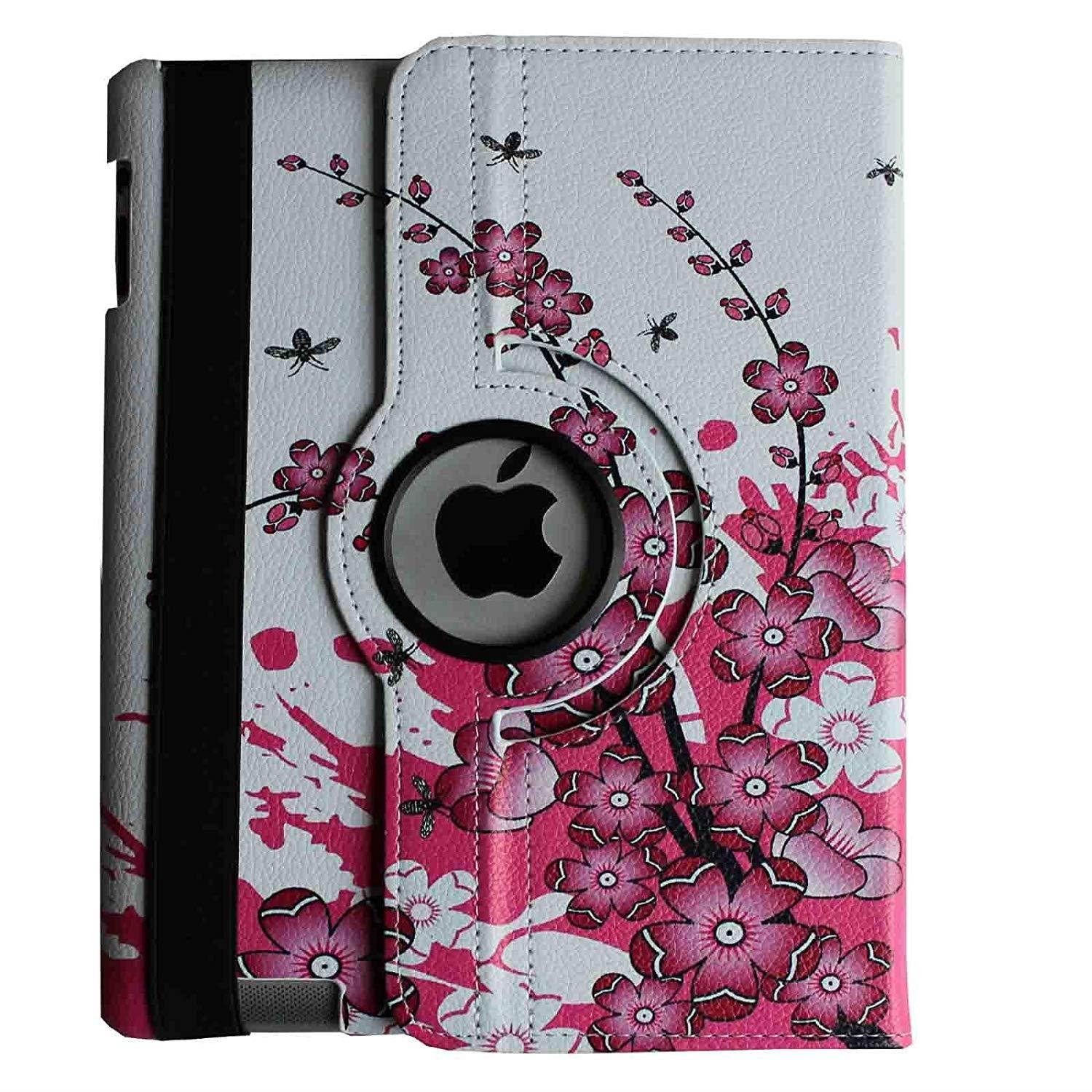 iPad 2 Case, iPad 3 Case, iPad 4 Case, Lingsor 360 Degree Rotating Stand Magnetic Smart Leather Cover Auto Sleep Wake For iPad 2/3/4 With Film And Stylus, Pink Flower