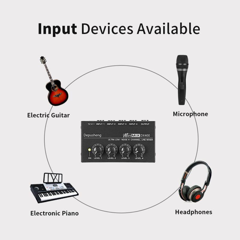Depusheng DX400 4 Channels Mixer Mixing Console Ultra Compact Low Noise Line Mono Audio Mixer with Power Adapter