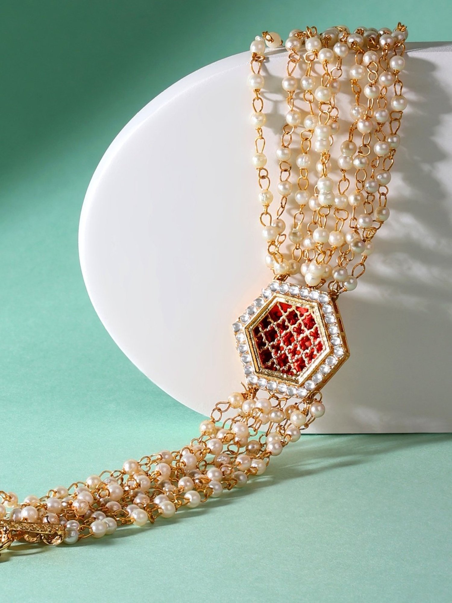 Zaveri Pearls Red Centre Piece Multistrand Pearls Ethnic Bracelet-ZPFK14405