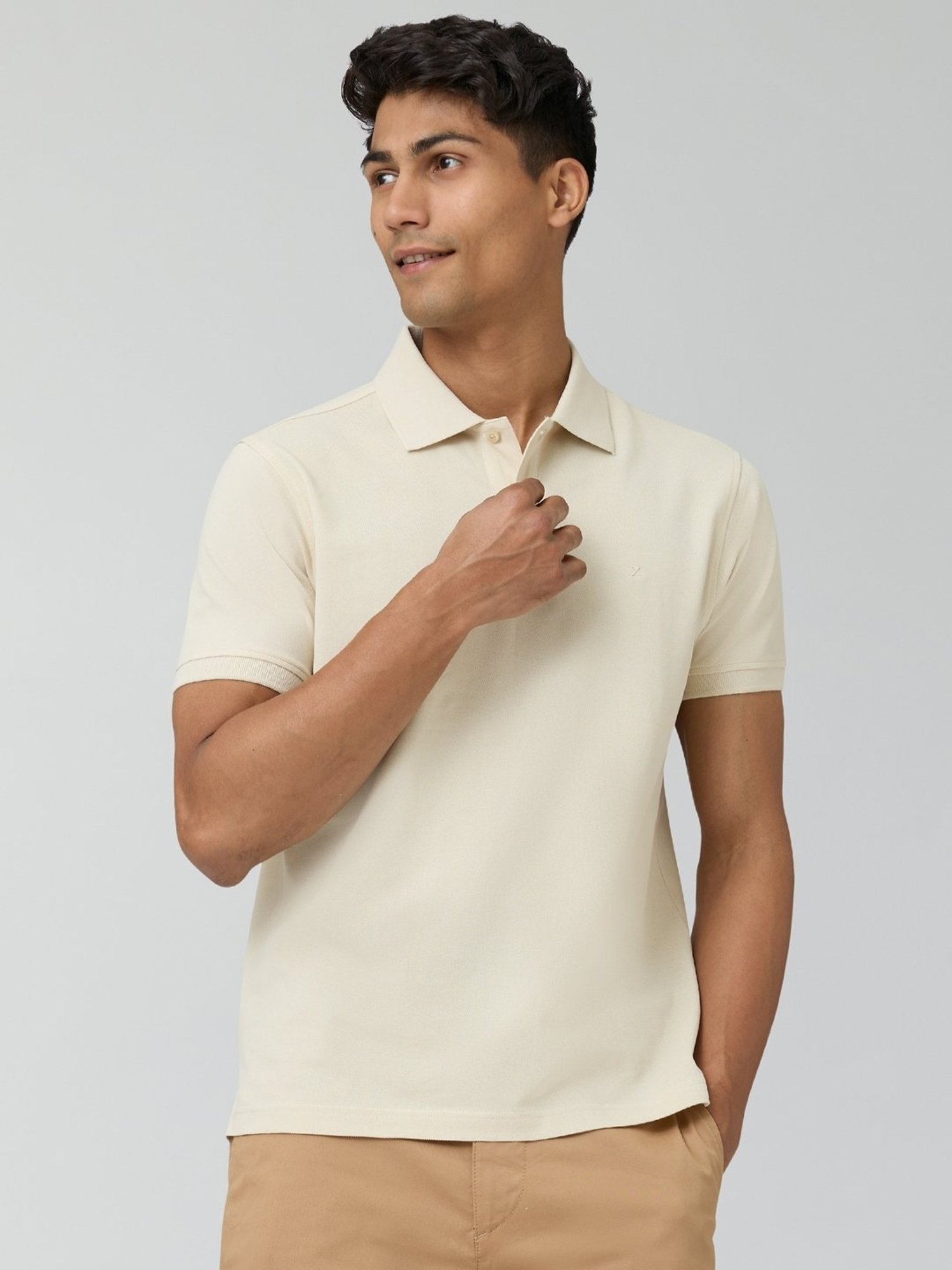 XYXX Almond White Cotton Regular Fit Polo T-Shirt
