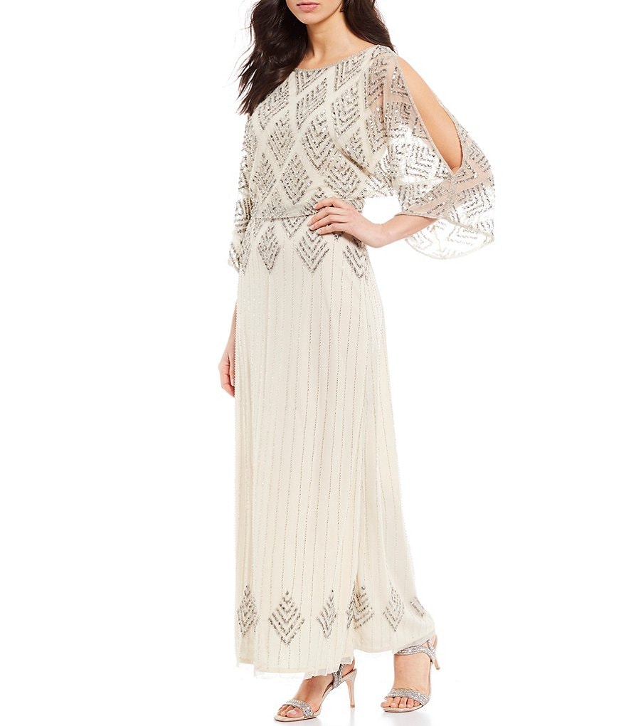 Pisarro Nights Diamond Beaded Blouson Slit Sleeve Detail Gown