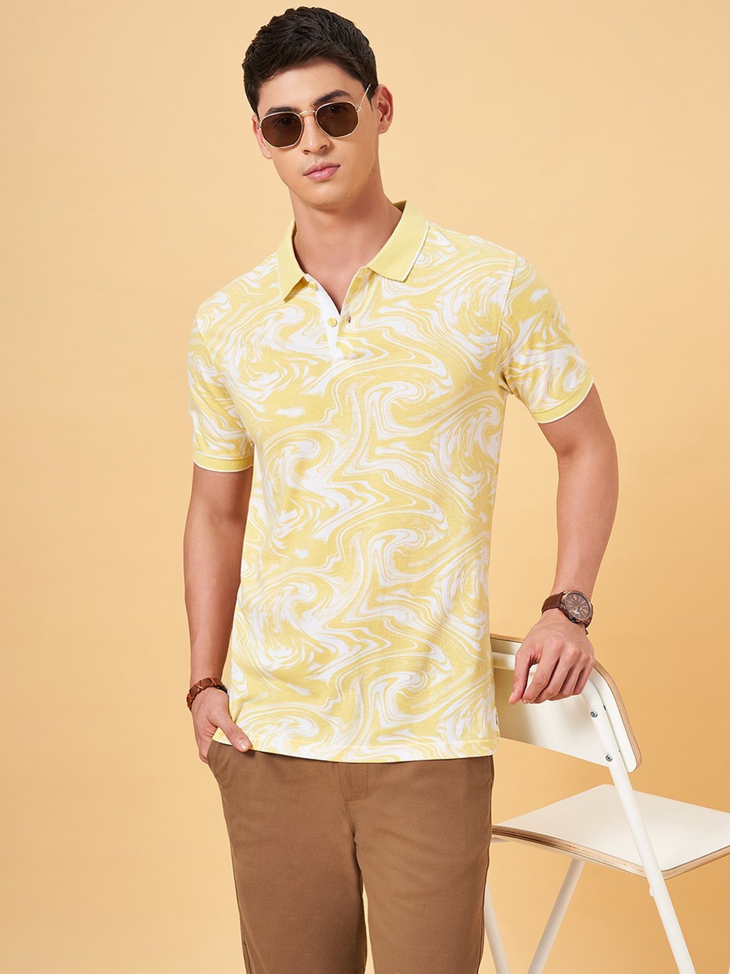 Byford By Pantaloons Yellow Slim Fit Printed Polo T-Shirt