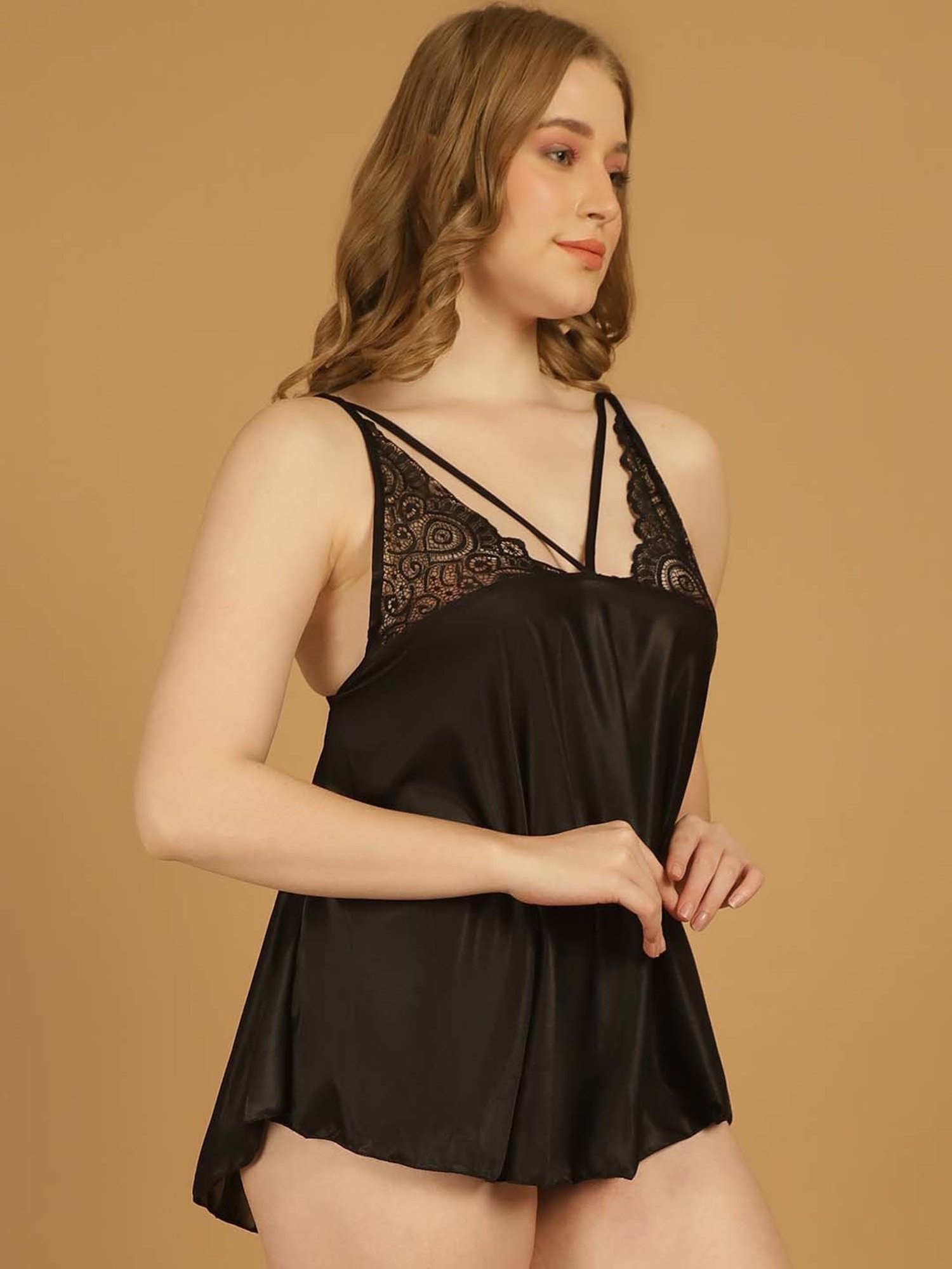 Stylee LIFESTYLE Black Lace Work Babydoll With Brief