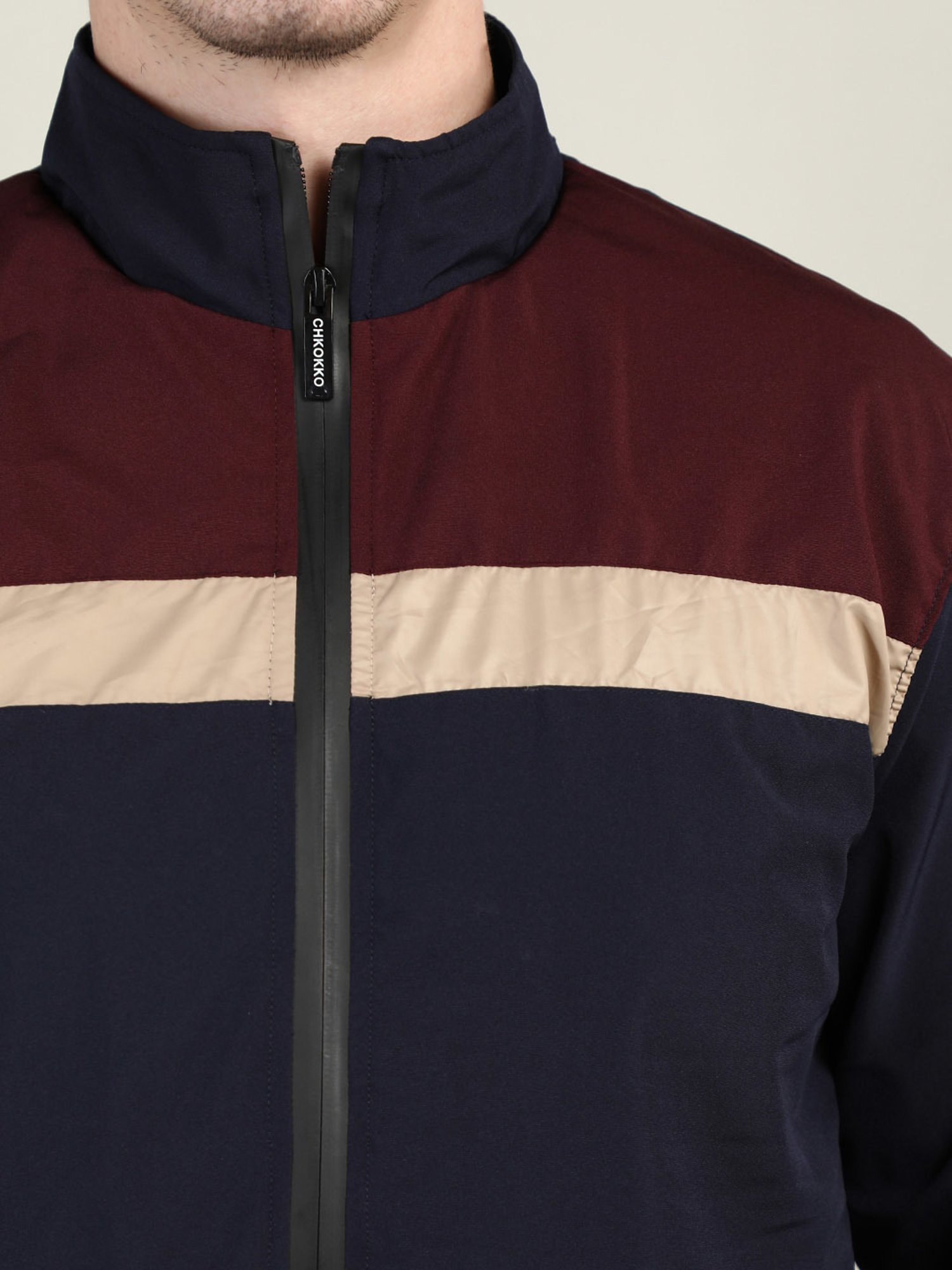 Chkokko Wine & Navy Regular Fit High Neck Wind Cheater Jacket