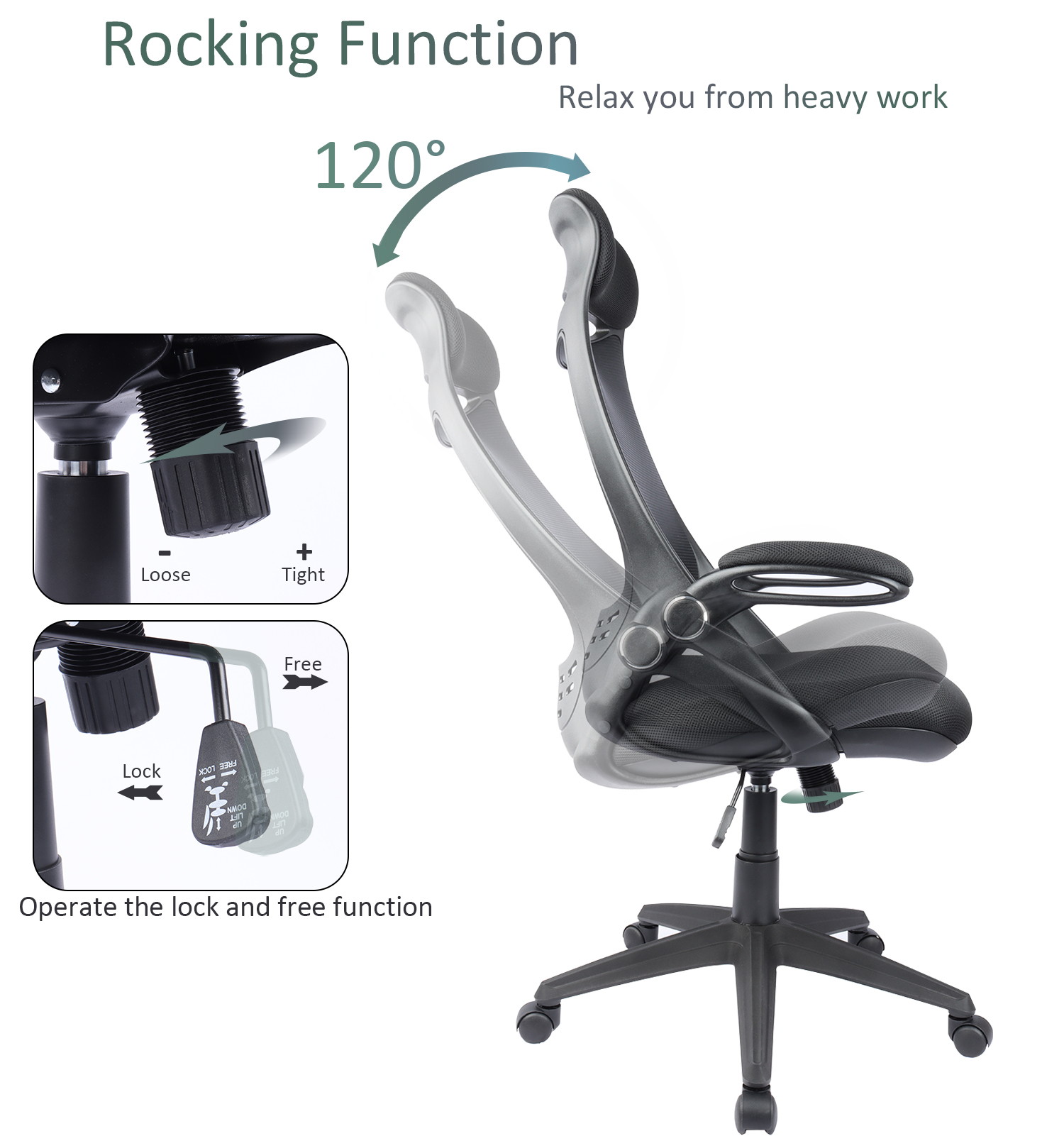 Big and Tall Office Chair Task Desk Chair Mesh Computer Chair Clearance with Headrest and Flip-up Arms, Ergonomic Swivel High-Back Executive Chair, Rocking, Height Adjustable(Black)