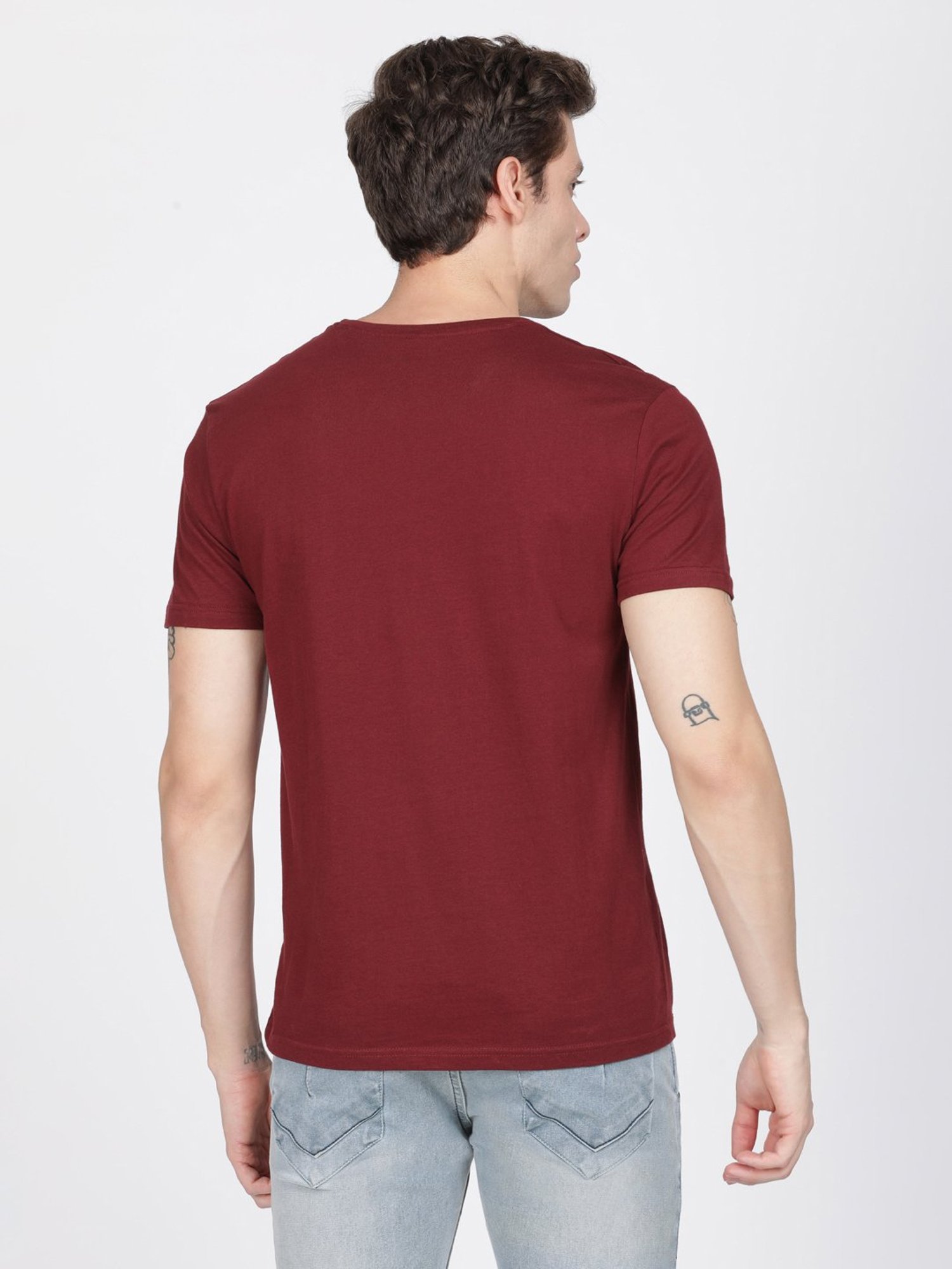 BLACK RADIO Maroon Slim Fit Printed Cotton Crew T-Shirt