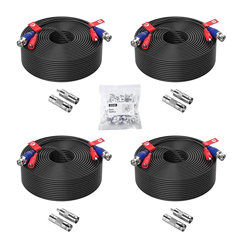 4 Pack 150ft (45 Meters) All-in-One Video Power Cable, BNC Extension Surveillance Camera Cables for Video Security DVR Camera Systems (Included 4X BNC Connectors and 4X RCA Adapters)-Black Color